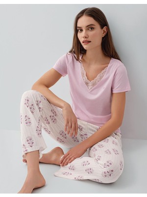 Pierre Cardin Kadın Kısa Kollu Pijama Takımı %50 Pamuk %50 Modal – Desenli Cepli Pijama Altı, Tam Kalıp