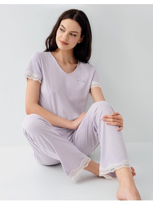 Pierre Cardin Kadın V Yaka Dantelli Pijama Takımı %50 Pamuk %50 Modal – Kısa Kollu, Tam Kalıp, Yumuşak Kumaş