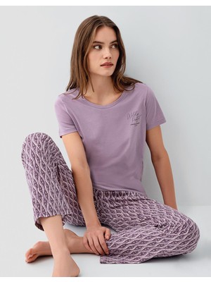 Pierre Cardin Kadın Pamuk Modal Pijama Takımı – Kısa Kollu Tişört ve Desenli Uzun Alt Rahat Kesim, Cep Detaylı