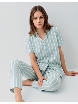Pierre Cardin Kadın Kısa Kollu Düğmeli Kutulu Pijama Takımı – %50 Modal %50 Pamuk, Çizgili Uzun Alt