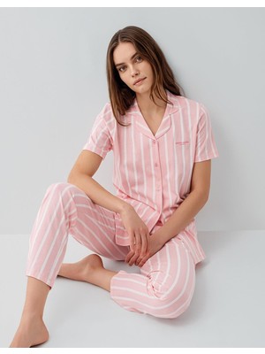 Pierre Cardin Kadın Kısa Kollu Düğmeli Kutulu Pijama Takımı – %50 Modal %50 Pamuk, Çizgili Uzun Alt