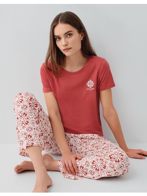 Pierre Cardin Kadın Yazlık Bordo %50 Pamuk %50 Modal Pijama Takımı – Kısa Kollu Bisiklet Yaka Üst ve Desenli Uzun Alt, Rahat Kesim