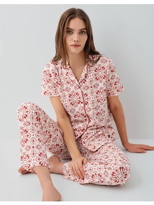 Pierre Cardin Kadın %50 Pamuk %50 Modal Kadın Düğmeli Pijama Takımı – Kısa Kollu, Desenli, Kutulu Ambalaj
