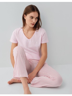 Pierre Cardin Kadın V Yaka Kısa Kollu Pijama Takımı %50 Pamuk %50 Modal – Cepli ve Çizgili Alt, Yumuşak Dokulu