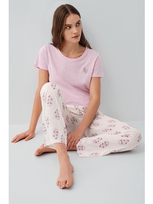 Pierre Cardin Kadın Kısa Kollu Pijama Takımı %50 Pamuk %50 Modal – Desenli Cepli Pijama Altı, Tam Kalıp