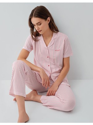 Pierre Cardin Kadın Çizgili Düğmeli Kısa Kollu Kutulu Pijama Takımı – %50 Pamuk %50 Modal,  Cep Detaylı