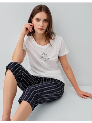 Pierre Cardin Kadın Çizgili Cepli Kapri Pijama Takımı %50 Pamuk %50 Modal – Kısa Kollu Tişört, Rahat Kesim