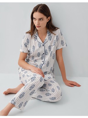 Pierre Cardin Kadın Düğmeli Kısa Kollu Kutulu Pijama Takımı %50 Pamuk %50 Modal – Tam Kalıp, Alt Cepli Üst Düğmeli