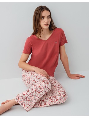 Pierre Cardin Kadın Yazlık %50 Pamuk %50 Modal Pijama Takımı – V Yaka Kısa Kollu Üst ve Desenli Uzun Alt, Rahat Kesim