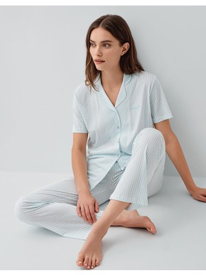 Pierre Cardin Kadın Çizgili Düğmeli Kısa Kollu Kutulu Pijama Takımı – %50 Pamuk %50 Modal,  Cep Detaylı