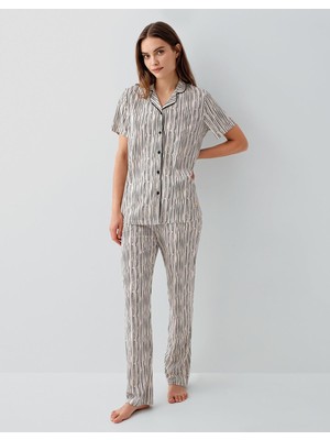 Pierre Cardin Kadın Pamuk Modal Pijama Takımı – Düğmeli Kısa Kollu Gömlek Yaka ve Uzun Alt, Çizgili