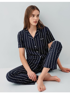 Pierre Cardin Kadın Düğmeli Kısa Kollu Kutulu Pijama Takımı – %50 Pamuk %50 Modal, Çizgili Desen