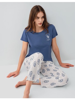 Pierre Cardin Kadın Kısa Kollu Pijama Takımı %50 Pamuk %50 Modal – Desenli Cepli Pijama Altı, Tam Kalıp