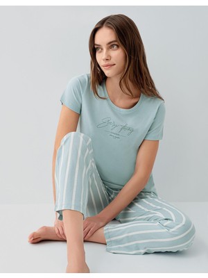 Pierre Cardin Kadın Kısa Kollu Pijama Takımı – %50 Modal %50 Pamuk, Çizgili Uzun Alt, Rahat Kalıp