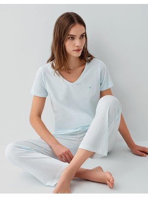 Pierre Cardin Kadın V Yaka Kısa Kollu Pijama Takımı %50 Pamuk %50 Modal – Cepli ve Çizgili Alt, Yumuşak Dokulu