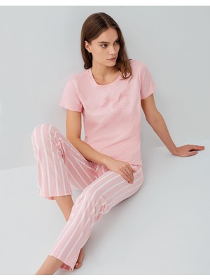 Pierre Cardin Kadın Kısa Kollu Pijama Takımı – %50 Modal %50 Pamuk, Çizgili Uzun Alt, Rahat Kalıp