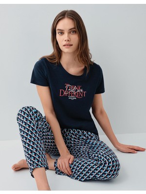 Pierre Cardin Kadın Yazlık Kısa Kollu Pijama Takımı – %50 Modal %50 Pamuk, Desenli Uzun Alt, Baskılı Üst