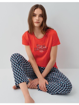 Pierre Cardin Kadın Yazlık Kısa Kollu Pijama Takımı – %50 Modal %50 Pamuk, Desenli Uzun Alt, Baskılı Üst