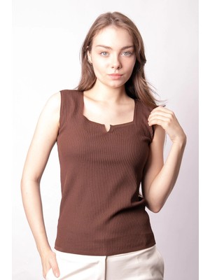 Jument Kadın Likralı Esnek Triko Kare Yaka Kaşkorse Body Bluz-Kahve