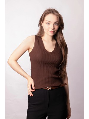Jument Kadın Likralı Esnek Triko V Yaka Kaşkorse Body Bluz-Kahve