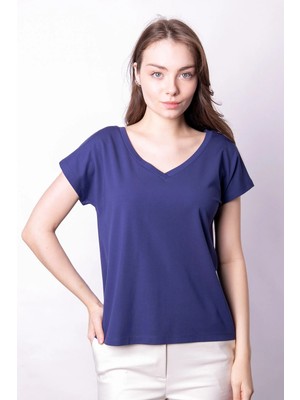 Jument Likralı Şık Span Kumaş Ön Arka V Yaka Düşük Omuzlu Bluz-Indigo