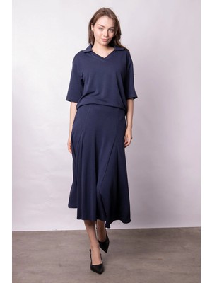 Jument Kadın Yumşak Dokulu Esnek Kumaş V Yaka Yakalı Düşük Omuzlu Dirsek Boy Kollu Oversize Bluz-Lacivert