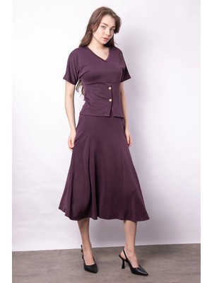 Jument Kadın Yumuşak Dokulu Esnek Kumaş V Yaka Kısa Kol Önden Düğmeli Bluz-Bordo