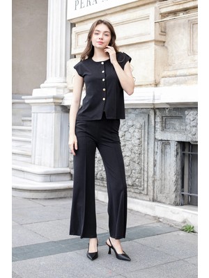 Jument Kadın Esnek Ipeksi Kumaş Geniş Sıfır Yaka Düğmeli Düşük Omuzlu Ceket Bluz-Siyah