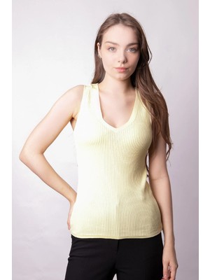 Jument Kadın Likralı Esnek Triko V Yaka Kaşkorse Body Bluz-Sarı