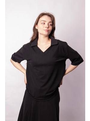 Jument Kadın Yumşak Dokulu Esnek Kumaş V Yaka Yakalı Düşük Omuzlu Dirsek Boy Kollu Oversize Bluz-Siyah