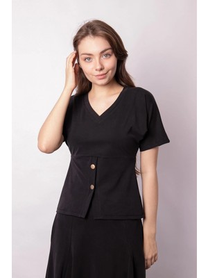 Jument Kadın Yumuşak Dokulu Esnek Kumaş V Yaka Kısa Kol Önden Düğmeli Bluz-Siyah