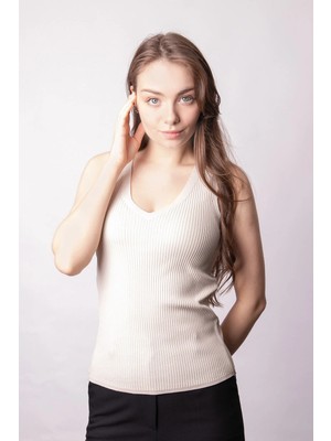 Jument Kadın Likralı Esnek Triko V Yaka Kaşkorse Body Bluz-Taş