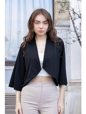 Jument Kadın Şal Yaka Arkası Lastikli Capri Kol Hırka Ceket -Siyah