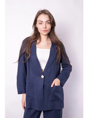 Jument Kadın Baharlık Kumaş Rahat Kesim Yakalı Cepli Kolu Katlamalı Boyfriend Blazer Ceket-Lacivert