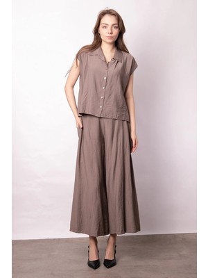 Jument Kadın Yüksek Bel Beli Büzgülü Yan Cepli Bol Paça Palazzo Pantolon-Duman