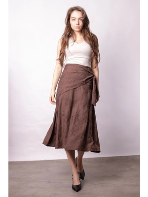 Jument Kadın Nakışlı Yüksek Bel Bağlamalı Eteği Kiloş Midi Boy Diz Altı Etek-Kahve