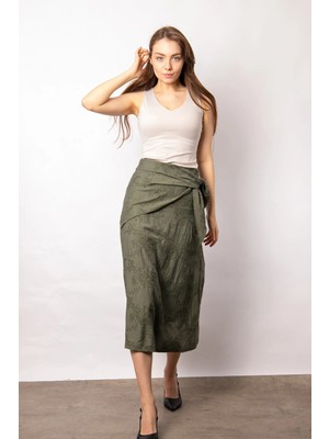 Jument Kadın Nakışlı Yüksek Bel Bağlamalı Eteği Kiloş Midi Boy Diz Altı Etek-Haki