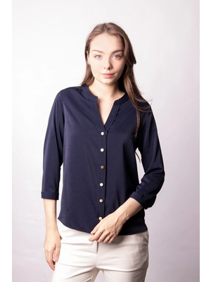 Jument Hakim Yaka Truvakar Capri Kol Likrasız Şık Kumaş Ofis Gömlek-Lacivert