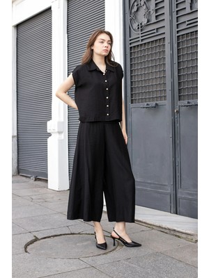 Jument Kadın Yüksek Bel Beli Büzgülü Yan Cepli Bol Paça Palazzo Pantolon-Siyah