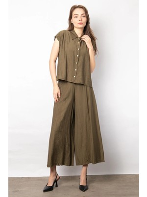 Jument Kadın Yüksek Bel Beli Büzgülü Yan Cepli Bol Paça Palazzo Pantolon-Haki