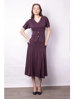 Jument Kadın Yumuşak Dokulu Esnek Kumaş Yüksek Bel Beli Lastikli Cepli Midi Boy Dizaltı Etek-Bordo