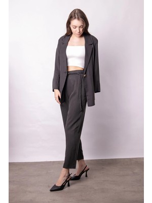 Jument Kadın Yüksek Bel Yan Cepli Kemerli Boyfriend Ipeksi Dokulu Baharlık Kumaş Pantolon-Antrasit