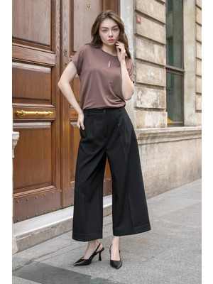 Jument Kadın Yüksek Bel Pileli Bol Duble Paça Hafif Likralı Kumaş Palazzo Pantolon-Siyah