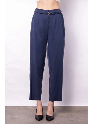 Jument Kadın Yüksek Bel Yan Cepli Kemerli Boyfriend Ipeksi Dokulu Baharlık Kumaş Pantolon-Lacivert