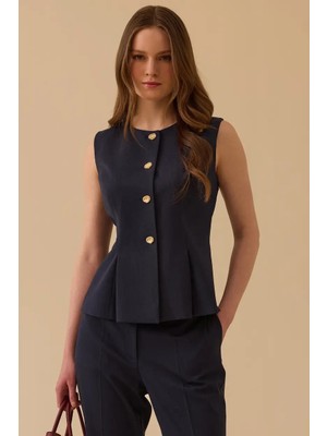 Seçil Kadın Pile Detaylı Düğmeli Yelek - Lacivert