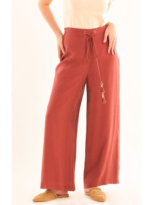Kayra Kadın Beli Bağcıklı Geniş Paça Pantolon - Kiremit