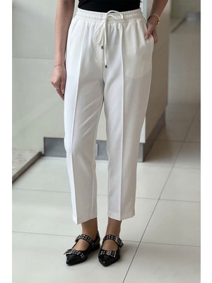 Sentez Kadın Yandan Cepli Bağcıklı Pantolon-Ekru