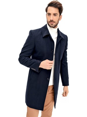 Dewberry Erkek Palto Uzun Kol Yün Polyester Lacivert Düz Desenli Şık Tasarım
