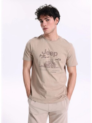 Jeep Bisiklet Yaka Baskılı Bej Erkek T-Shirt J6SM-TST7274
