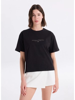 Jeep Bisiklet Yaka Baskılı Siyah Kadın T-Shirt J6SL-TST7179